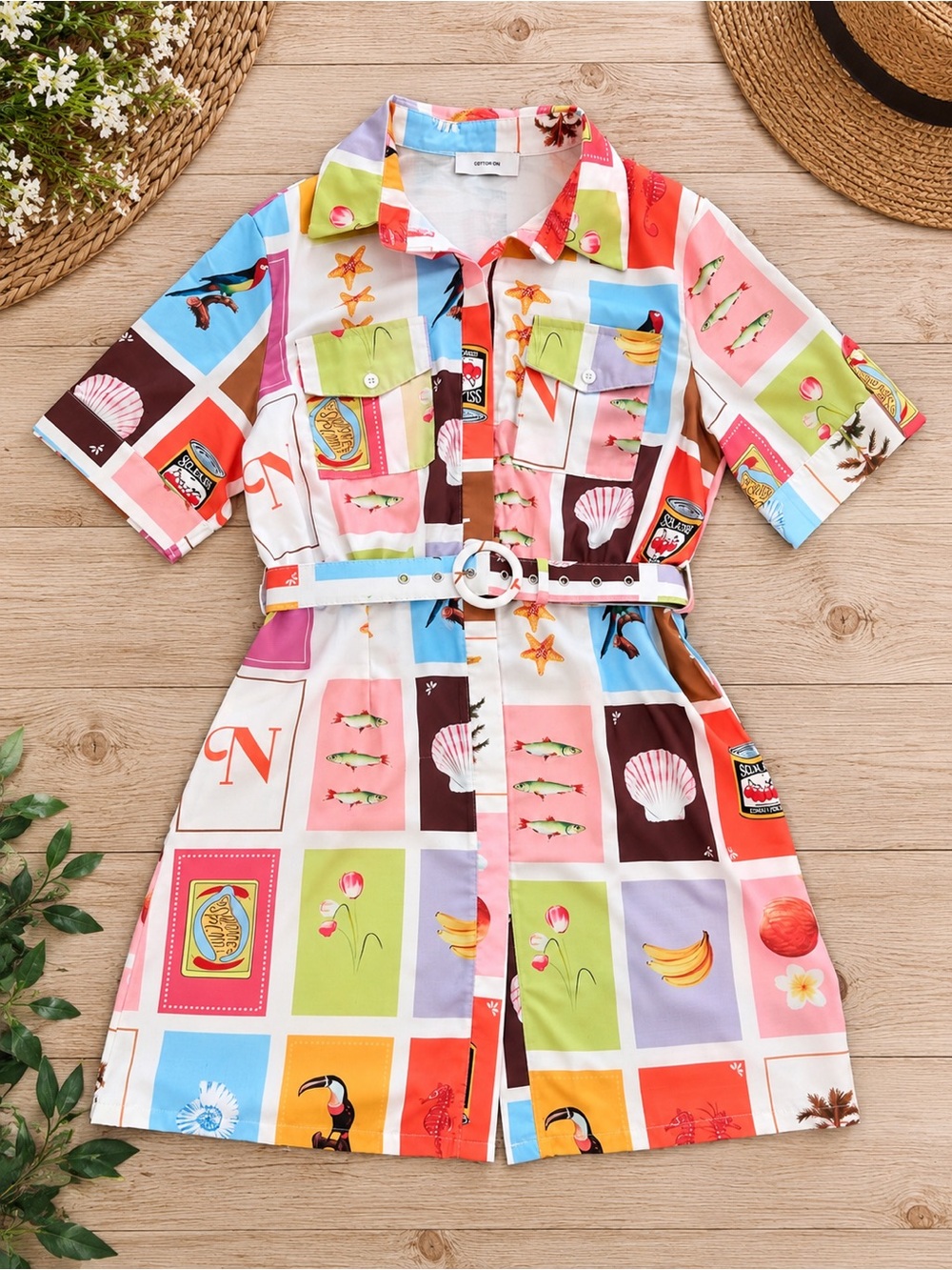 Colorblock Tropical Print Midi Shirt Dress with Belt